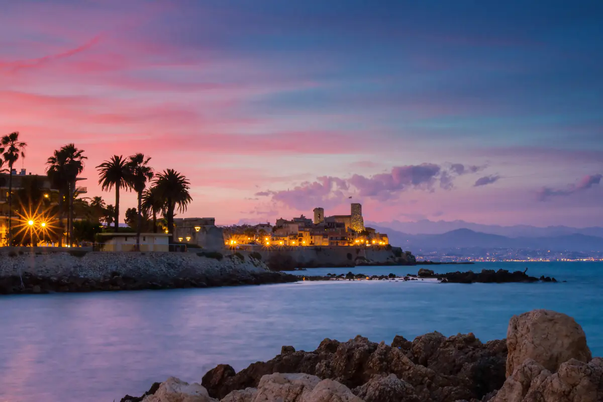 The harbor in Antibes Juan-les-Pins at sunset.