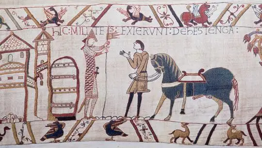 An image of two figures talking to one another as displayed in the Bayeux Tapestry.