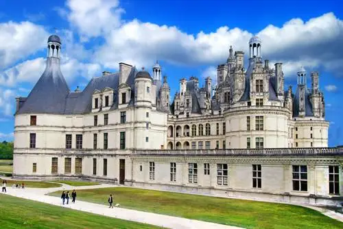Tourists walking along the path in front of Chambord Castle.