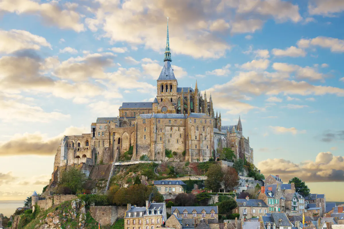 The village and abbey at Mont Saint Michel abbey on the Brittany coast.