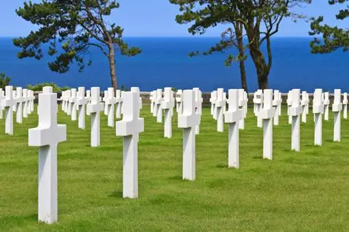 Headstones at the Normandy American Cemetery in Colleville-Sur-Mer, France.