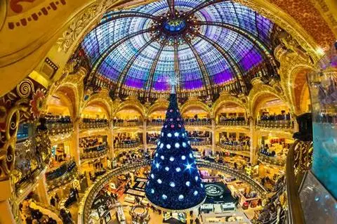 Paris Shopping: The giant Christmas tree inside the Galeries Lafayette department store in Paris.