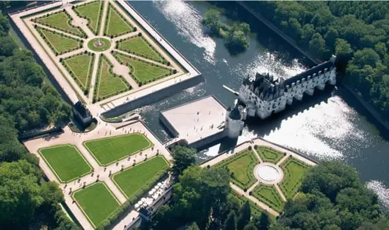 A wonderful view from the air of the grounds and castle of Chenonceau