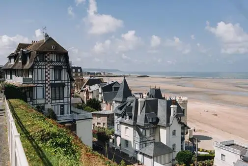 A half-timbered house over looking the beach in Deauville, France.