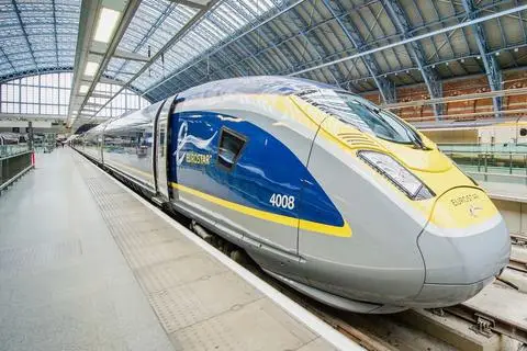 French Rail: The first car and engine of a Eurostar train.