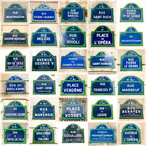 A mosaic of various Paris street corner signs.