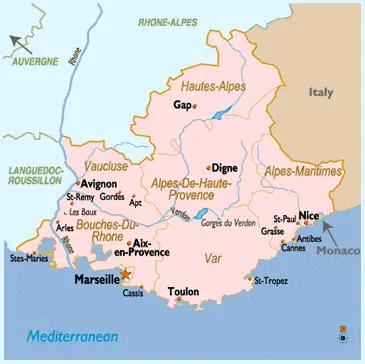 A simple map of the Provence-Alpes-Côte d'Azur region of France.