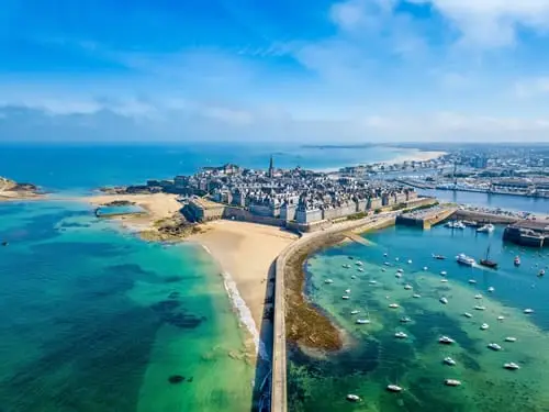 An aerial view of the medieval town of Saint Malo in Brittany, France.