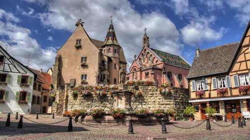 The main square in the village of Eguisheim in Alsace, France.