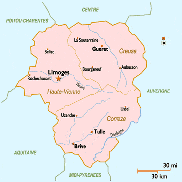 Департаменты региона Лимузен на карте