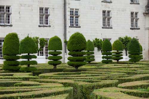 The exterior and garden of Villandry castle in the Loire Valley, France.
