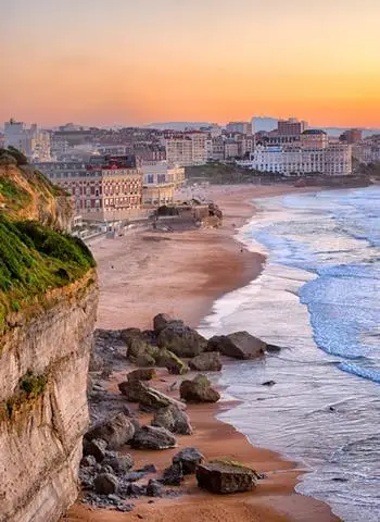 A look down from the cliffs at the beaches and resorts in Biarritz, France.