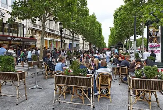 Tourists hanging out on the Champs-Élysées in Paris.