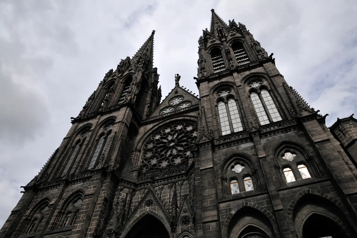 The facade of the Clermont-Ferrand Cathedral made entirely of volcanic rock.