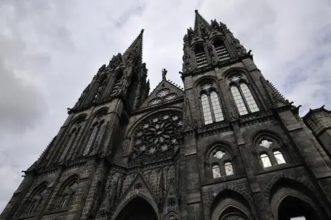 The facade of the Clermont-Ferrand Cathedral made entirely of volcanic rock.