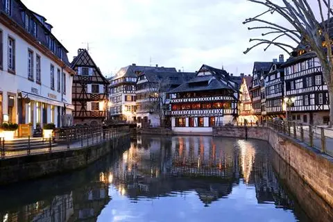 The canal in the center of charming old Strasbourg in Alsace, France.