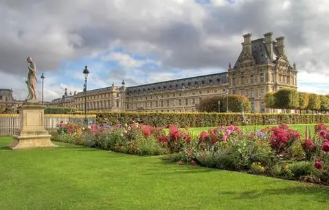 The view of the Louvre from the Tuileries Gardens in Paris.