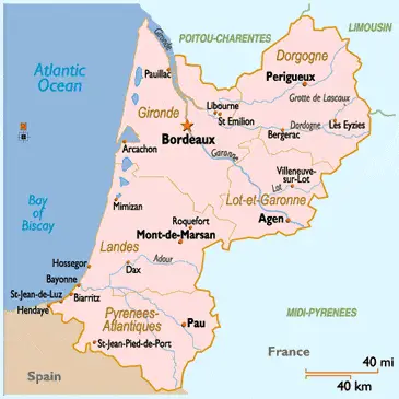 An overview map of the Aquitaine portion of Nouvelle-Aquitaine.