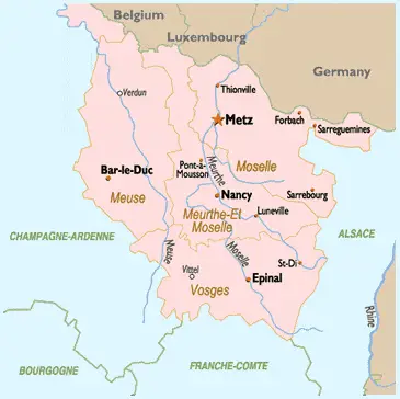 A map of the Lorraine, France region in the Grand Est.