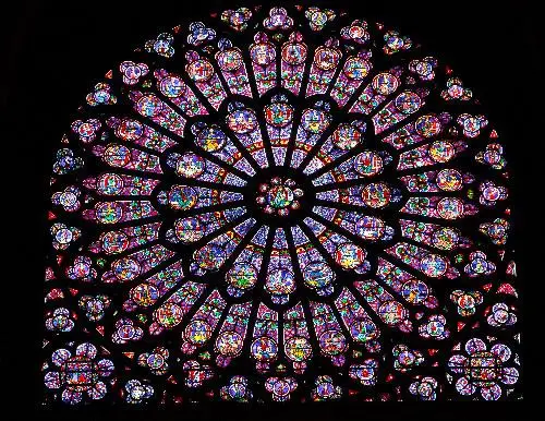 Stained Glass mosaic at Notre Dame in Paris, France.