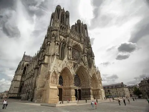 The plaza outside of Notre Dame Cathedral in Reims, France.