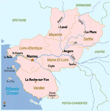 A simple map detailing the Pays de la Loire region of France.