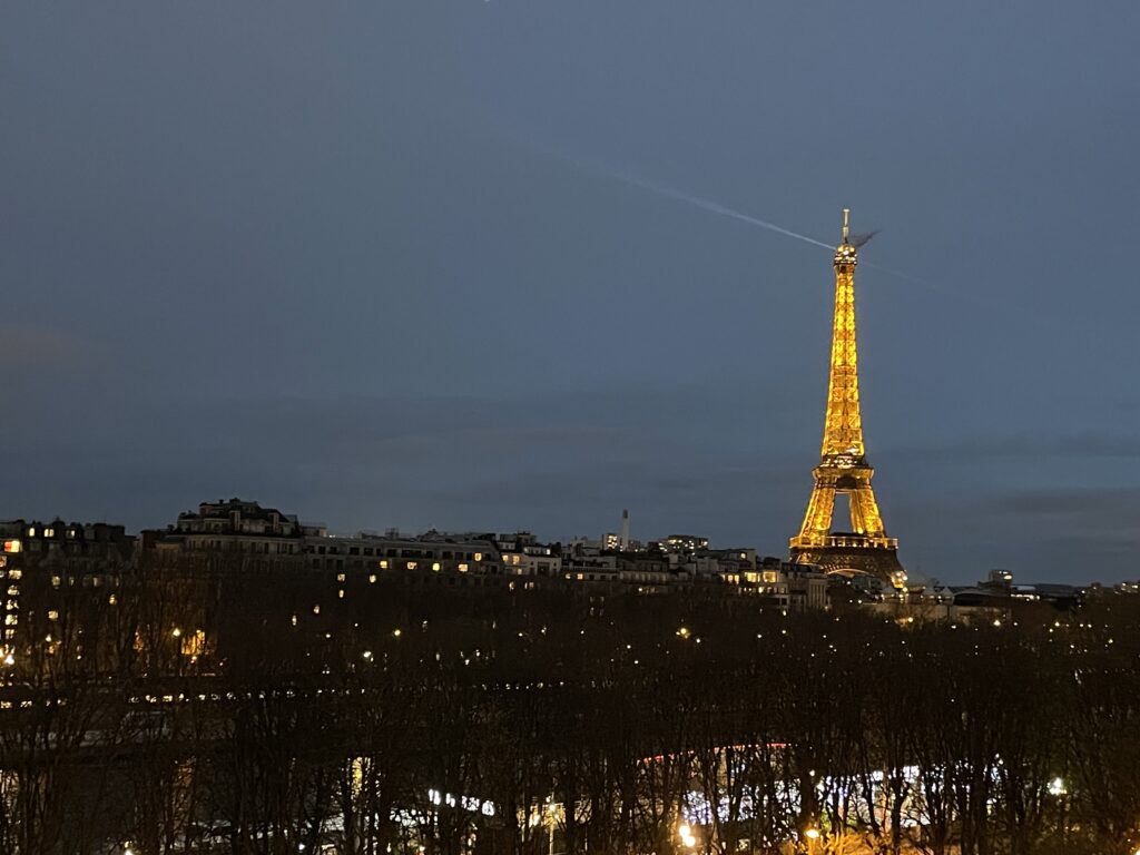 A view of the Eiffel Tower from Le Damantin hotel in Paris.