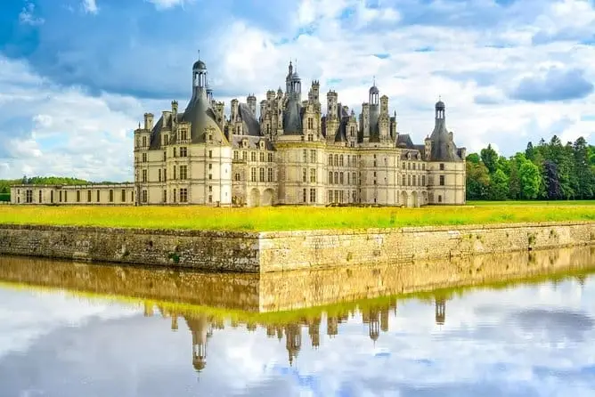 The pond outside historic Chambord castle in the Loire Valley.
