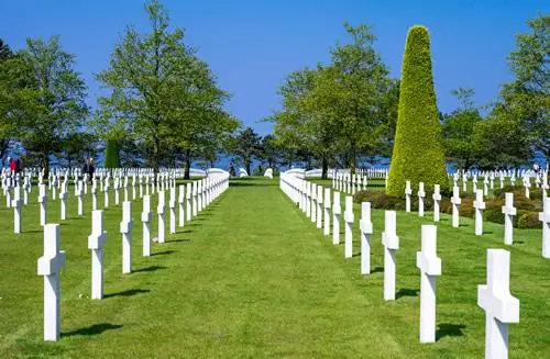 A column of graves at the American military cemetery at Colleville-sur-Mer in Normandy, France.