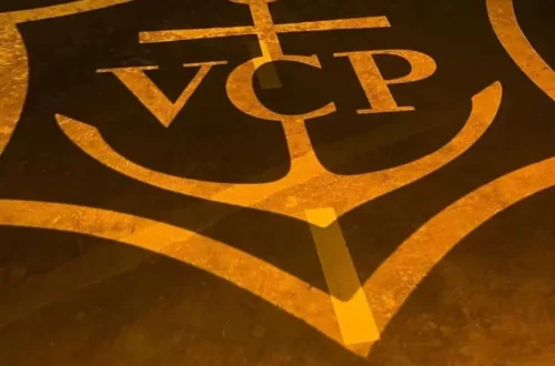 Holographic VCP logo projected on the floor of Veuve Clicquot cellars