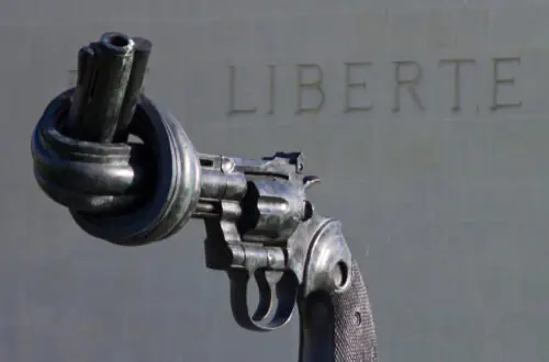 Twisted gun sculpture outside the Caen Memorial museum