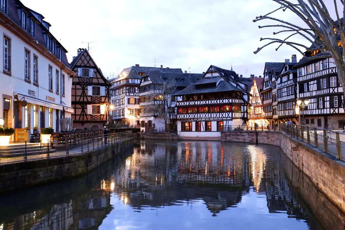 The canal in the center of charming old Strasbourg in Alsace, France.