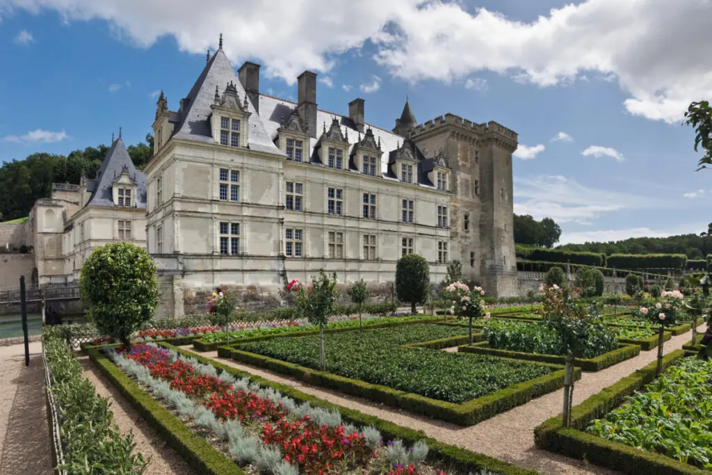 The exterior and garden of Villandry castle in the Loire Valley, France.
