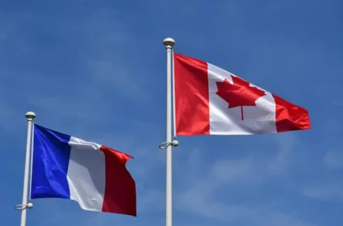 Canadian and French flags at a D-Day memorial in Normandy