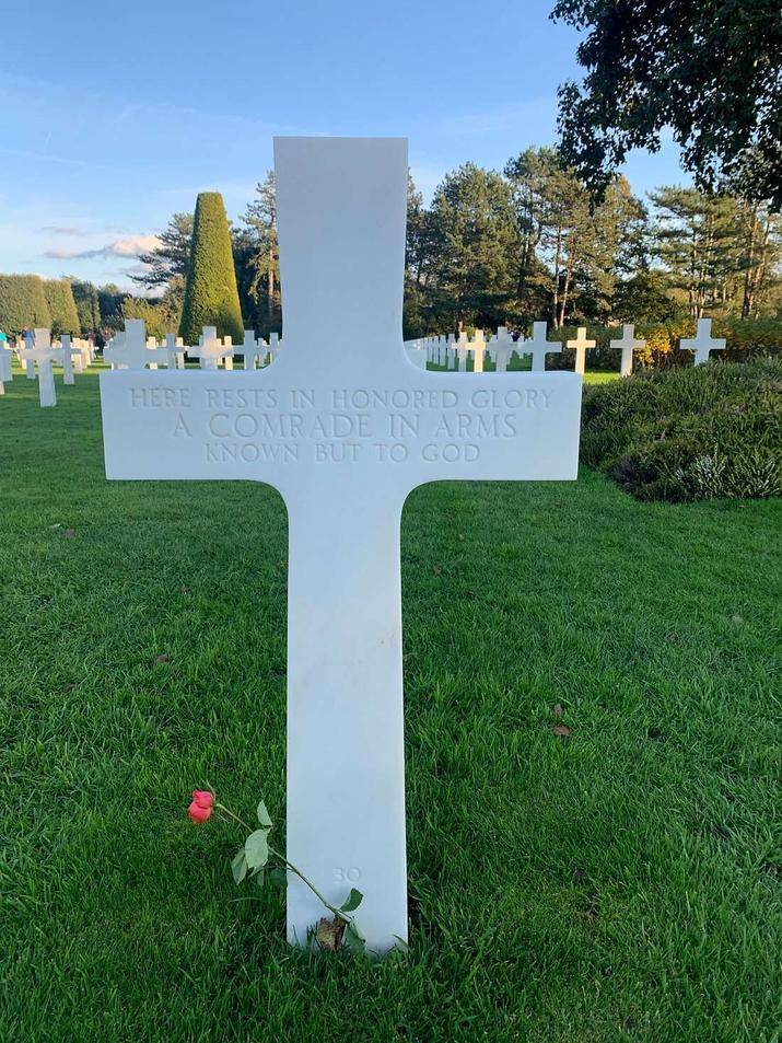 A gravestone at the American cemetery in Normandy